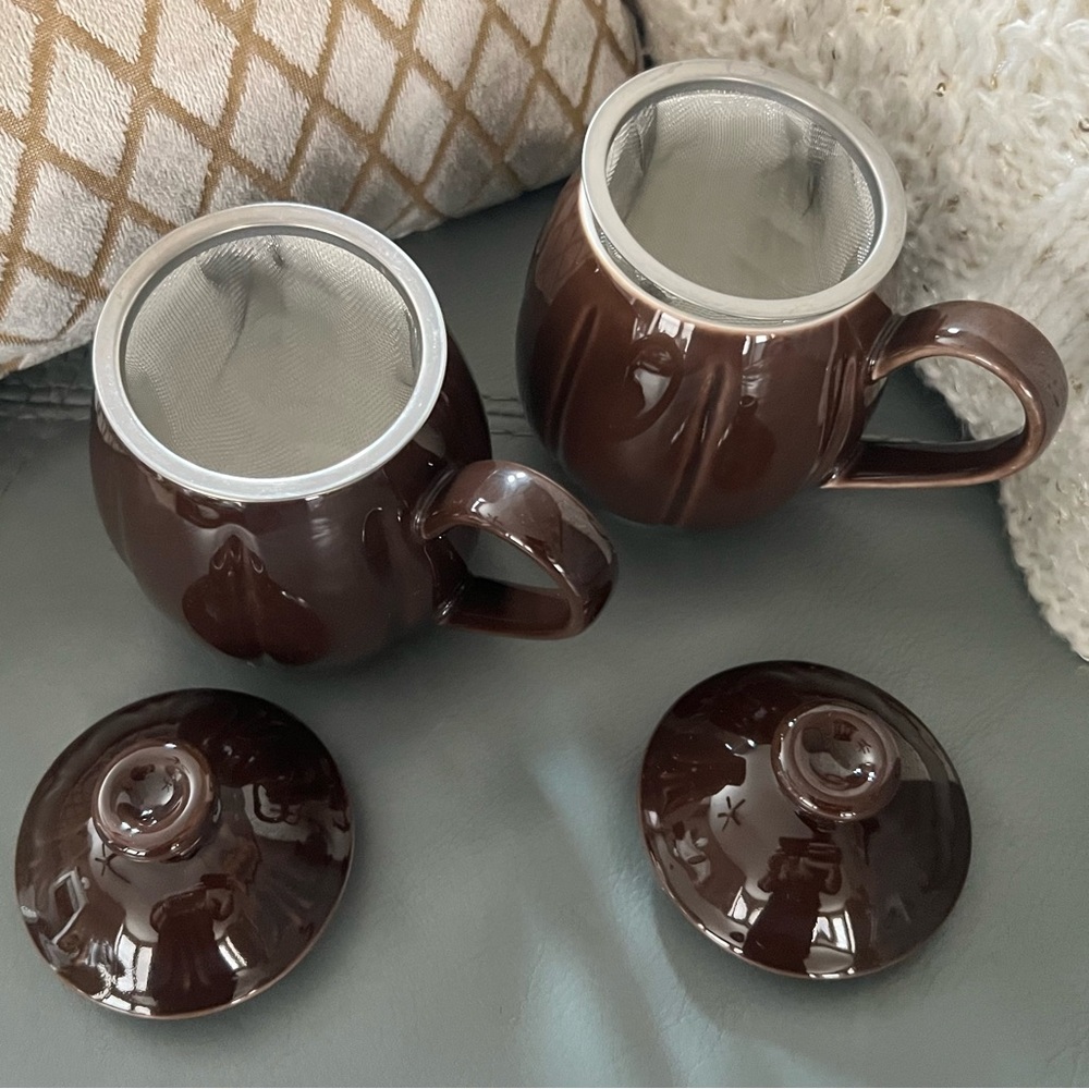 Vintage TEAVANA Brown MCM PORCELAIN 6pc TEA Coffee 8oz CUP MUG SET w/ Infusers - Picture 4 of 16